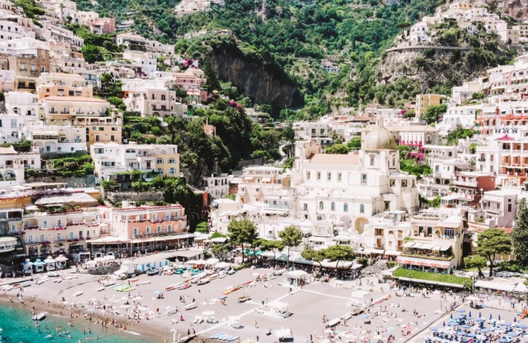 Positano drone image, Amalfi Coast, Italy, Travel